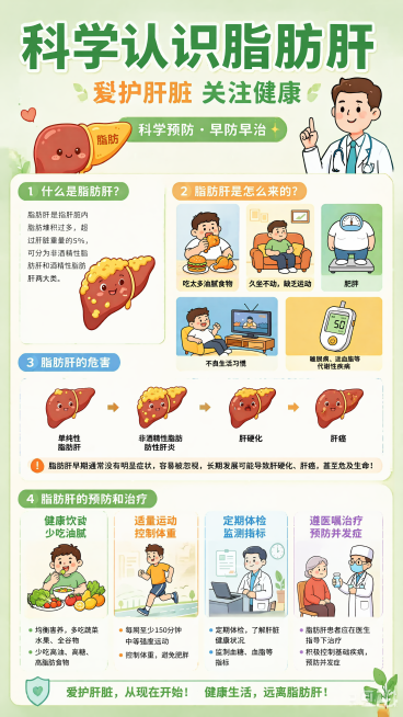 9:16竖版健康科普海报，主标题为"科学认识脂肪肝"，副标题为"爱护肝脏 关注健康"，装饰文案"科学预防 · 早防早治"，卖点为：①了解疾病成因 ②知晓健康危害 ③掌握防治方法。整体采用简约卡通可爱插预览效果
