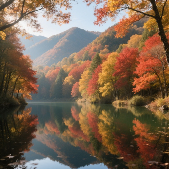 写实摄影风格自然风景，秋日山间，层林尽染的红叶林环绕着一汪清澈湖水，湖面倒映着斑斓树影，阳光透过枝叶洒下斑驳光影，细节丰富质感真实预览效果
