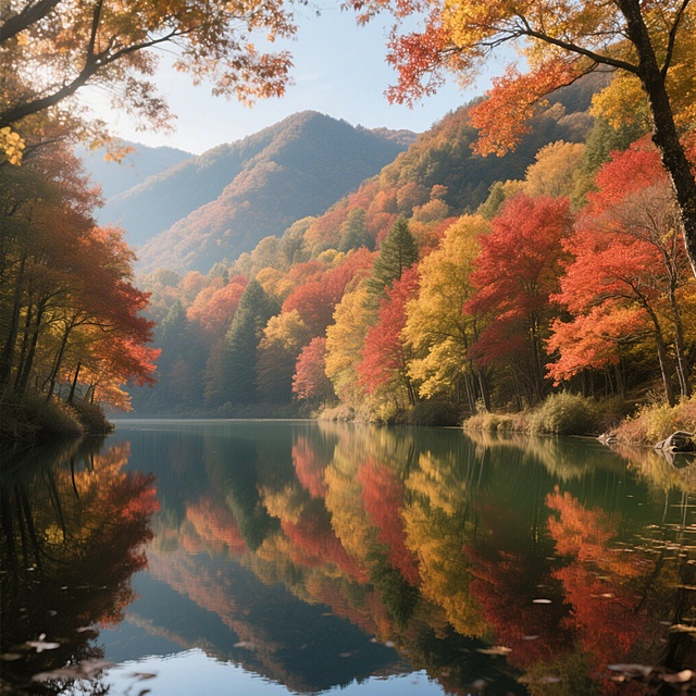 写实摄影风格自然风景，秋日山间，层林尽染的红叶林环绕着一汪清澈湖水，湖面倒映着斑斓树影，阳光透过枝叶洒下斑驳光影，细节丰富质感真实