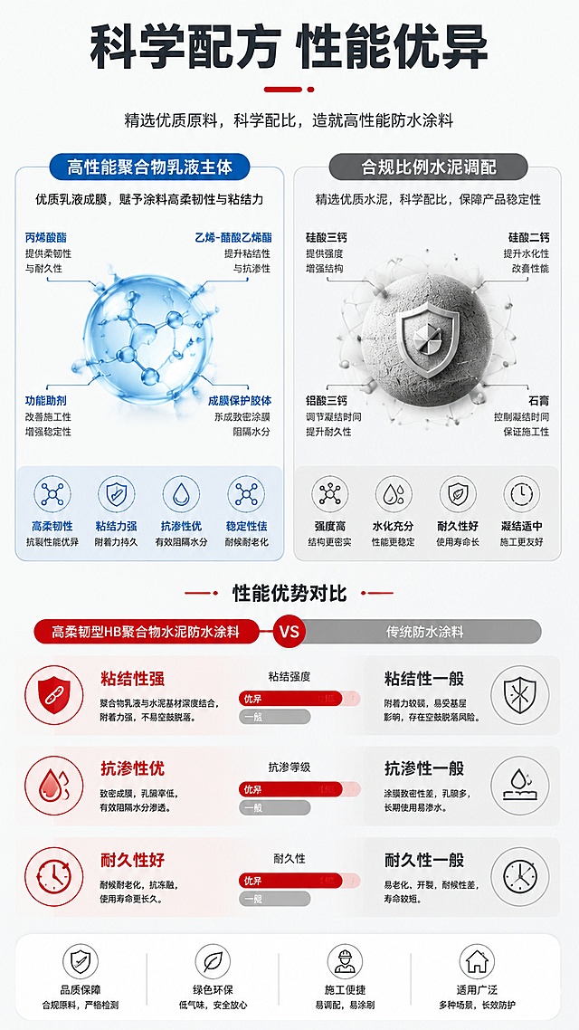 [第3屏] 核心卖点页-(高柔韧型)HB聚合物水泥防水涂料核心材质优势。本屏不使用产品图，为材质解析屏。
[氛围/风格] 专业材质解析，数据化展示，严谨可信。
[元素布局] 顶部主标题，左侧放乳液成分示意图，右侧放水泥成分示意图，底部放置性能优势对比卡，对比传统防水涂料突出本款优势，信息层级清晰。
[光影质感] 均匀打光，图形和文字清晰锐利，信息一目了然。
[配色色系] 全局底色 #F0F5F0，主色深灰标题，辅助色红色性能条，浅蓝成分示意图。
[视角构图] 竖版从上到下排列，符合移动端阅读习惯。
[文字版式] 顶部主标题「科学配方 性能优异」，左侧标注「高性能聚合物乳液主体」，右侧标注「合规比例水泥调配」，底部对比卡列出三点优势：「粘结性强、抗渗性优、耐久性好」，每个优势配简约小图标，文字清晰易读。
[比例分辨率] 9:16 竖版比例，4K 分辨率，文字清晰可辨，高清画质。
[负向提示词] 文字错乱，文字过小，对比不清，虚假数据，极限词。
