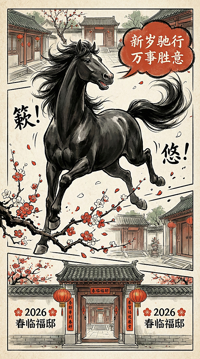 国潮风插画，水墨与漫画融合，黑骏马奔腾于古院梅枝间，喜庆红灯高挂，新春氛围浓厚，2026年春临福邸主题设计。