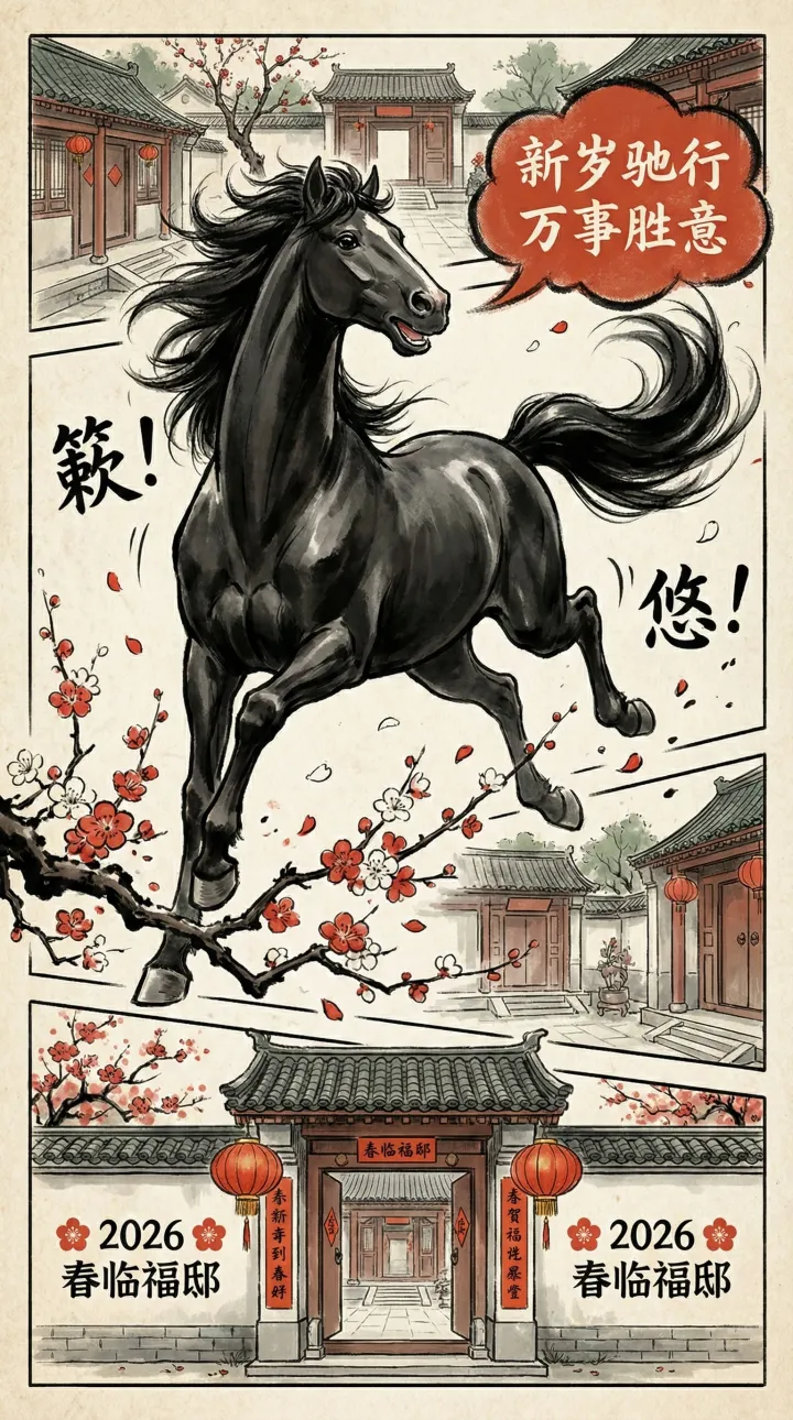 中国水墨画风格，一匹奔腾的骏马，马身由浓淡不一的墨迹构成，墨迹中