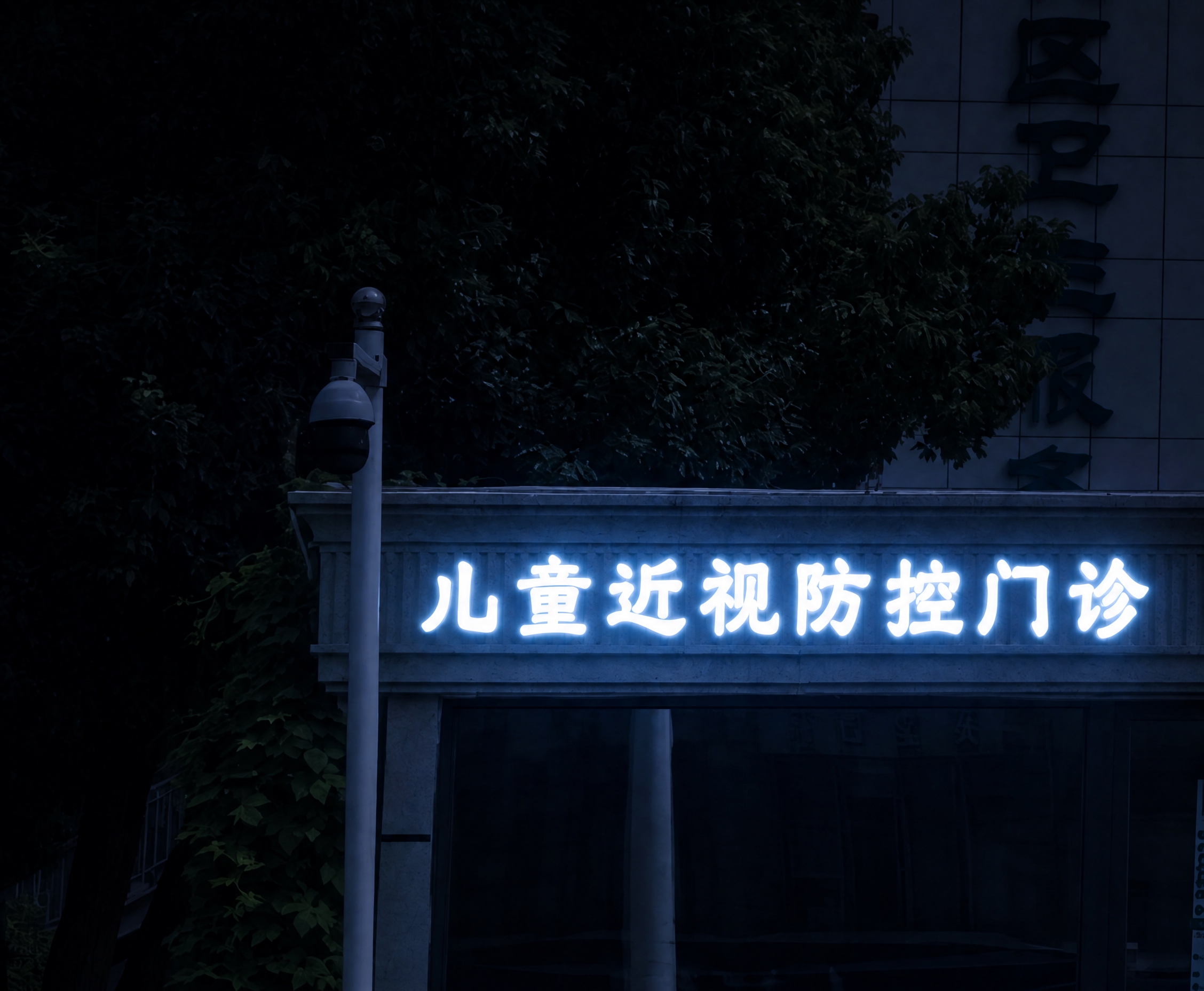 将第一张图中的"儿童近视防控门诊"立体字修改为夜晚白色发光字效… - 图片创意预览