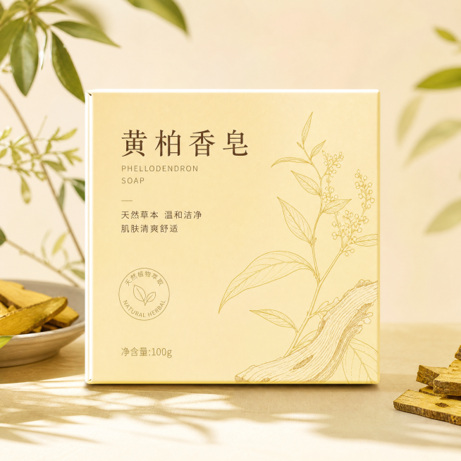 设计一款黄柏香皂的包装盒，整体使用浅黄色作为底色，风格简约自然，突出产品天然属性，包装整体简洁干净预览效果