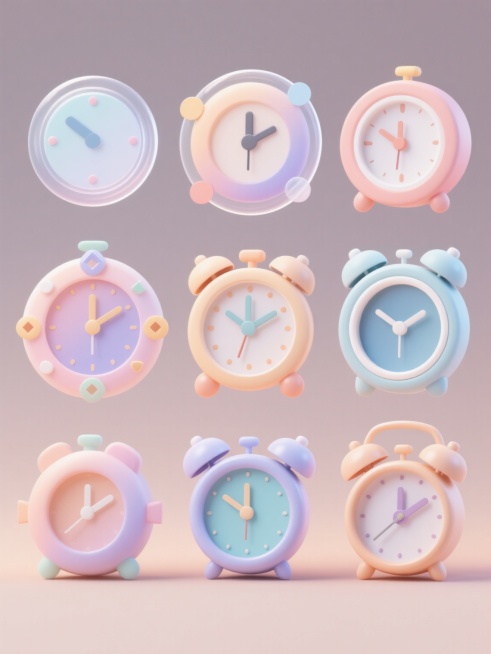 一系列不同造型的3D立体时钟元素组合，保持圆润可爱的卡通风格，采用柔和渐变的新配色，每个时钟具有独特设计细节，整体规整排列在纯色背景上，带有环绕的半透明光环和点缀的几何装饰图形，光影柔和，保持简洁明快的视觉效果和清晰的图形层级。预览效果