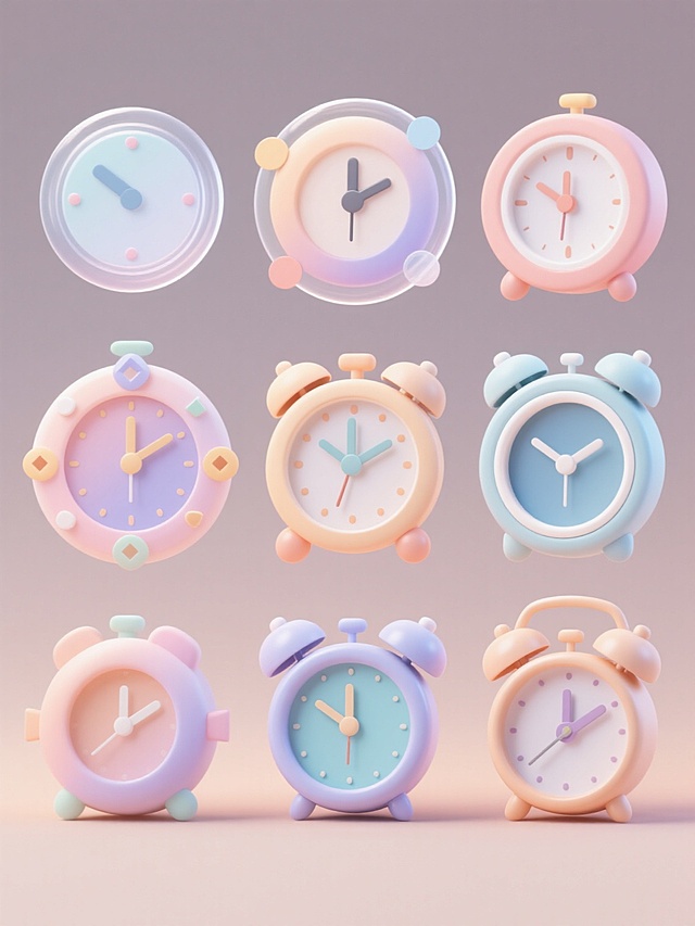 一系列不同造型的3D立体时钟元素组合，保持圆润可爱的卡通风格，采用柔和渐变的新配色，每个时钟具有独特设计细节，整体规整排列在纯色背景上，带有环绕的半透明光环和点缀的几何装饰图形，光影柔和，保持简洁明快的视觉效果和清晰的图形层级。
