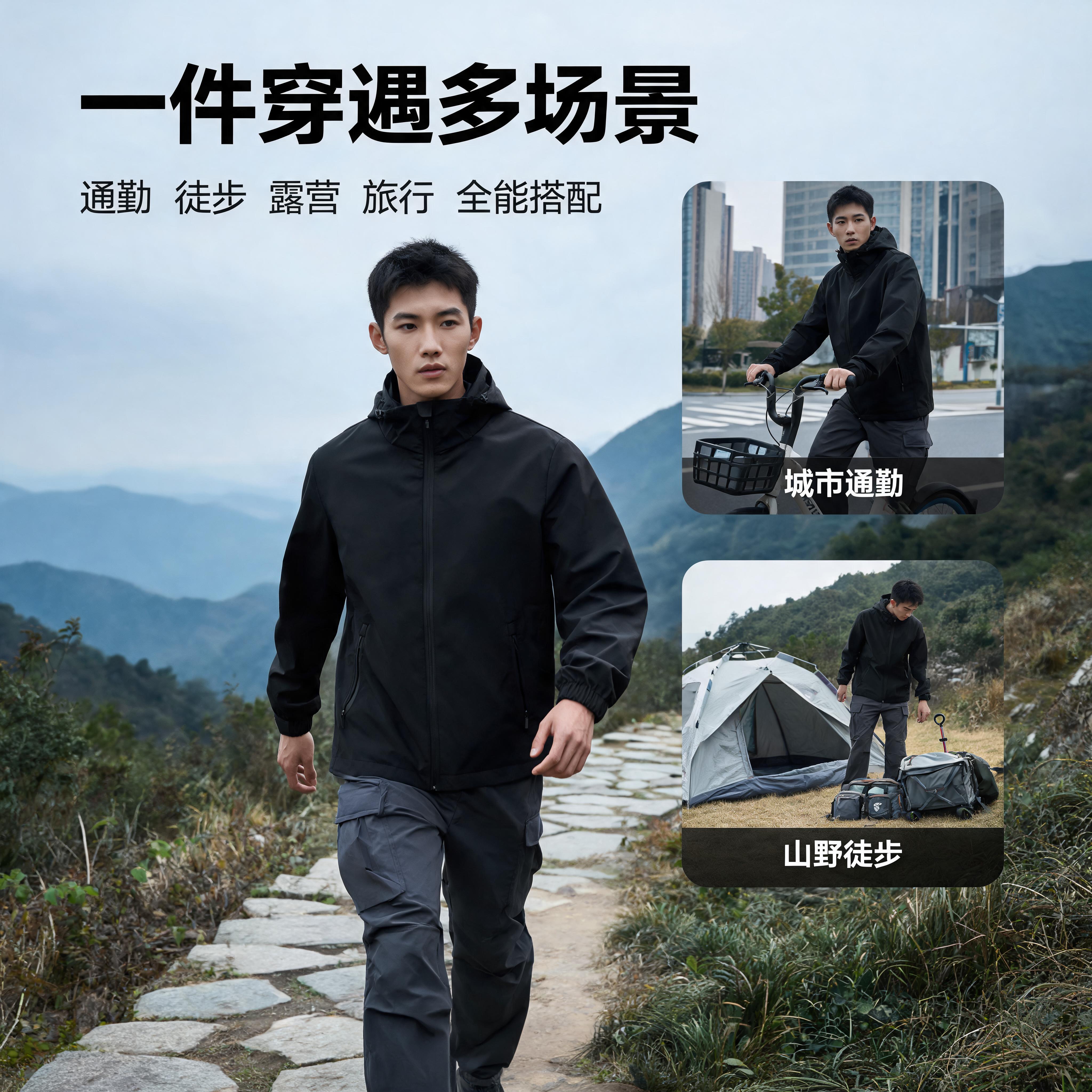 [主图-3] 阿卡克三防冲锋夹克多场景延展图。 [氛围风格]… - 图片创意预览