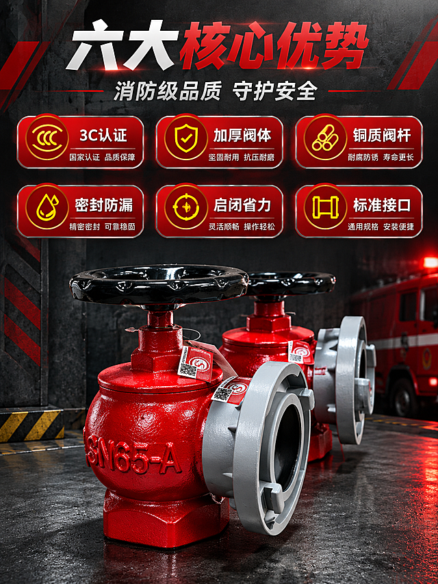 [商品] 使用【图3】双SN65-A型室内消火栓展示图；保留红色铸铁阀体、黑色手轮、灰色接口、SN65-A浮雕字样、3C认证标签的完整结构与颜色；产品质感厚重，两个消火栓前后排列形成层次感。
[画面] 目标：核心卖点总览页，6大卖点一目了然。构图：产品位于画面中下区域占40%，上方和两侧分布6个icon卖点卡，2行3列排列；背景为深灰色工业质感底，带细微金属纹理；阅读动线从上到下，先标题后卖点再产品。
[视觉] 套系策略：风格=消防工业硬核风，专业商业摄影；标题字=粗黑无衬线黑体，厚重有力；正文字=简洁无衬线黑体；主色=消防红+深灰；背景延展=基于消防红做深浅渐变、金属质感纹理、暗调工业背景；强调色=亮黄色，仅用于小面积警示图标、引线和标签；标题色=白色/消防红；正文色=浅灰/白色；组件=红色圆角信息卡、黄色警示引线、金属质感边框；光影=侧前方硬光，突出金属质感与体积感，明暗对比强烈。
[文字] 顶部主标题「六大核心优势」，副标题「消防级品质 守护安全」；6个卖点卡分别为：①3C认证 ②加厚阀体 ③铜质阀杆 ④密封防漏 ⑤启闭省力 ⑥标准接口；每个卖点配对应图标和4-6字短文案；全部横排，字号清晰，不遮挡产品主体。
[规格] 图片比例3:4竖版，4K分辨率，负向提示：避免变形、错字、文字过小、模糊、卡通风格、产品颜色改变、缺件漏件、竖排文字。