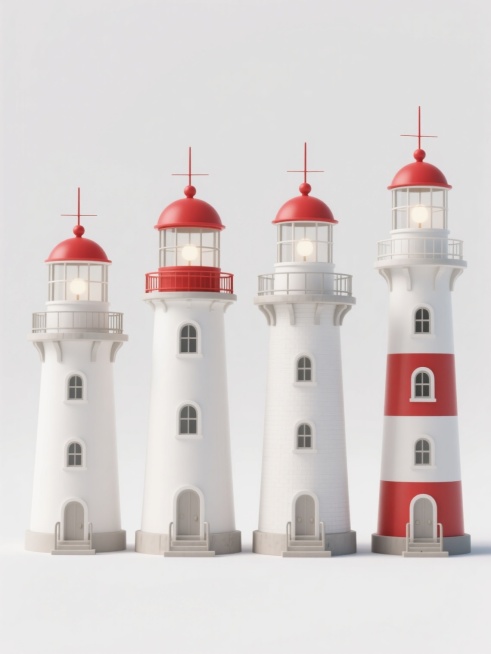 3D渲染风格，纯白背景，系列灯塔集合，四个造型完全不同的灯塔规整排布，每个灯塔均保持白色主体、红色圆顶和顶部红色尖杆的核心特征，细节丰富，包含窗户、栏杆等元素，具有清晰的光影效果和平滑的3D质感，整体呈现出统一的设计感和视觉平衡。预览效果