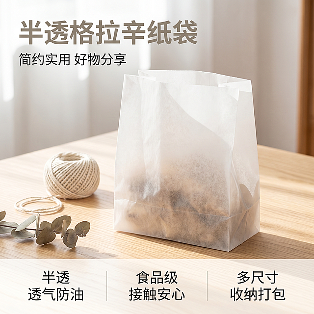 [主图-1] 格拉辛纸袋好物分享首图
[氛围风格] 清新简约生活感，突出日常实用质感
[画质] 商业摄影质感、光线柔和通透、产品清晰真实、画面干净高级
[元素] 半透明格拉辛纸袋居中展示，纸袋呈现自然立体形态，放置在浅原木色桌面，旁边点缀一根棉麻绳和干枯尤加利叶作为装饰，整体画面简洁干净。商品主体占比严格控制在70%左右，画面满屏无边框。
[光影] 明亮的侧向自然光从左侧入射，形成柔和的自然阴影，半透明纸张呈现通透质感，光线均匀通透，突出格拉辛纸特有的半透材质。
[配色] 主色调为原木浅米色和纸张自然白色，整体干净清新，局部文字用浅灰棕色。
[视角构图] 平视45度角拍摄，主体居中构图，景深适中，背景浅虚化突出产品主体。
[文字版式] 左上负空间左对齐留安全边距，大字文案“半透格拉辛纸袋”浅灰棕色粗体无衬线，辅助小字“简约实用 好物分享”字号缩小一半，色调更浅。底部三列均匀排列卖点：列一「半透」「透气防油」列二「食品级」「接触安心」列三「多尺寸」「收纳打包」，文字左对齐，简洁清晰。
[比例分辨率] 1:1比例，2k分辨率，文字清晰锐利，超高清画质
[负向提示词] 变形，水印，文字错乱，产品模糊，背景杂乱，配色刺眼