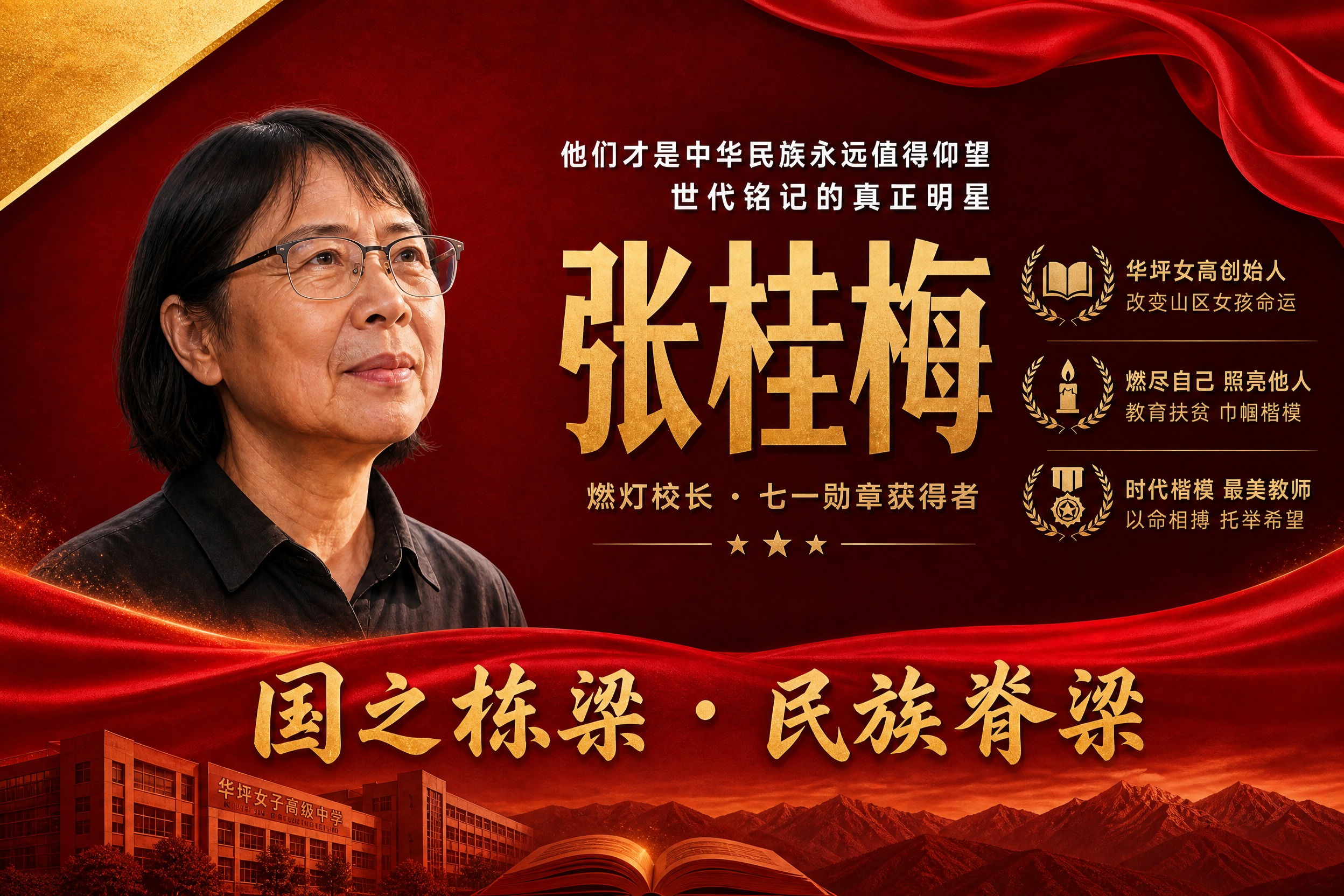 横版国之栋梁人物挂画海报，张桂梅主题，参考图风格复刻，红金配色… - 图片创意预览