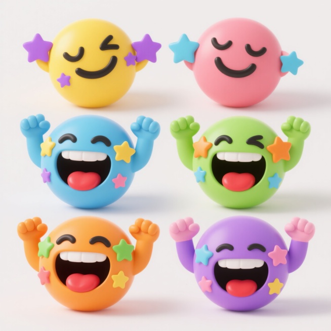 白色背景上，六个不同色彩的3D立体风格emoji表情系列素材集合，每个表情均为圆形黄色笑脸，双眼紧闭成黑色粗弧线，嘴巴大张露出红色舌头和白色牙齿，双手握拳举在脸颊两侧，周围有彩色星形装饰，整体造型保持一致但面部主色调和装饰星星颜色各不相同，分别为：1. 主色调黄色配紫色星星；2. 主色调粉色配蓝色星星；3. 主色调蓝色配黄色星星；4. 主色调绿色配橙色星星；5. 主色调橙色配绿色星星；6. 主……预览效果