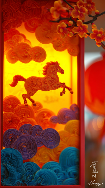 帮我生成图片：精美绝伦的中国传统 3D 立体纸雕灯笼装置，主体，核心视觉焦点：灯笼内一匹奔腾的可爱剪纸小马造型，暖橙色灯笼框架，透出明亮而温暖的黄色光芒，灯笼左侧和底部环绕着层层叠叠的彩色祥云剪纸（包预览效果