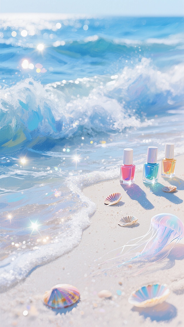 蓝色海边，浪花裹着细碎天光，沙滩上散落贝壳与透明水母，远处几瓶晶莹剔透色彩艳丽的指甲油飘动着，以梦幻水彩风格，捕捉海盐味的清新夏色。