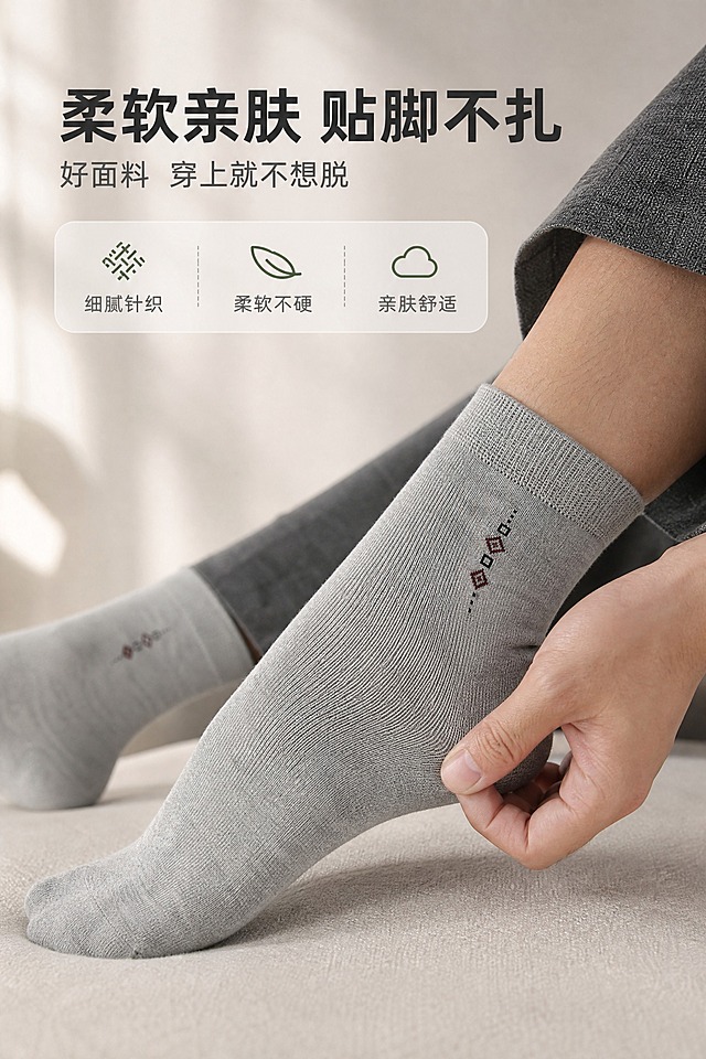 [商品] 使用【图1】浅灰色男士中筒竹纤维袜；商品处理：保留袜子颜色、针织纹理、袜身菱形小标、袜口罗纹、袜跟、袜头和整体版型；自然理顺褶皱，增强竹纤维面料柔软细腻的高清质感，不改变任何细节。
[画面] 页面目标：突出柔软亲肤的穿着体感，上文下图竖版构图，下方男士手部轻触/轻捏袜身展示柔软度，配合袜子上脚局部特写，产品占画面约65%，背景为暖灰柔焦室内质感，营造舒适贴肤氛围。
[视觉] 套系策略：风格=国内电商高级商业摄影，干净通透有质感；标题字=现代无衬线粗黑体；正文字=简洁无衬线体；主色=暖灰+竹青；背景延展=基于暖灰做深浅层级、同色渐变和细腻哑光/织物质感；强调色=竹青绿，仅用于小面积图标、引线和重点词高亮；标题色=深炭灰；正文色=中暖灰；组件=圆角浅底信息卡、细线引线、触感小图标；光影=左前侧柔和自然光，柔和阴影。
[文字] 上方主标题「柔软亲肤 贴脚不扎」，副标题「好面料 穿上就不想脱」，下方3个卖点：细腻针织 / 柔软不硬 / 亲肤舒适；文字横向排版，不遮挡袜子主体和手部动作。
[规格] 图片比例2:3竖版，2K分辨率，medium质量，避免变形、错字、文字过小、袜子颜色改变、纹理失真、冷蓝/蓝灰背景、绝对化用语。