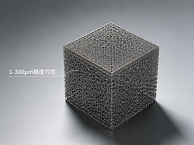 立方体不锈钢烧结网产品展示图，保留文案"1-300μm精度可控"，去掉品牌logo和生成水印，替换为真实的多孔不锈钢烧结网结构，写实产品摄影，保持原图尺寸和构图，真实质感