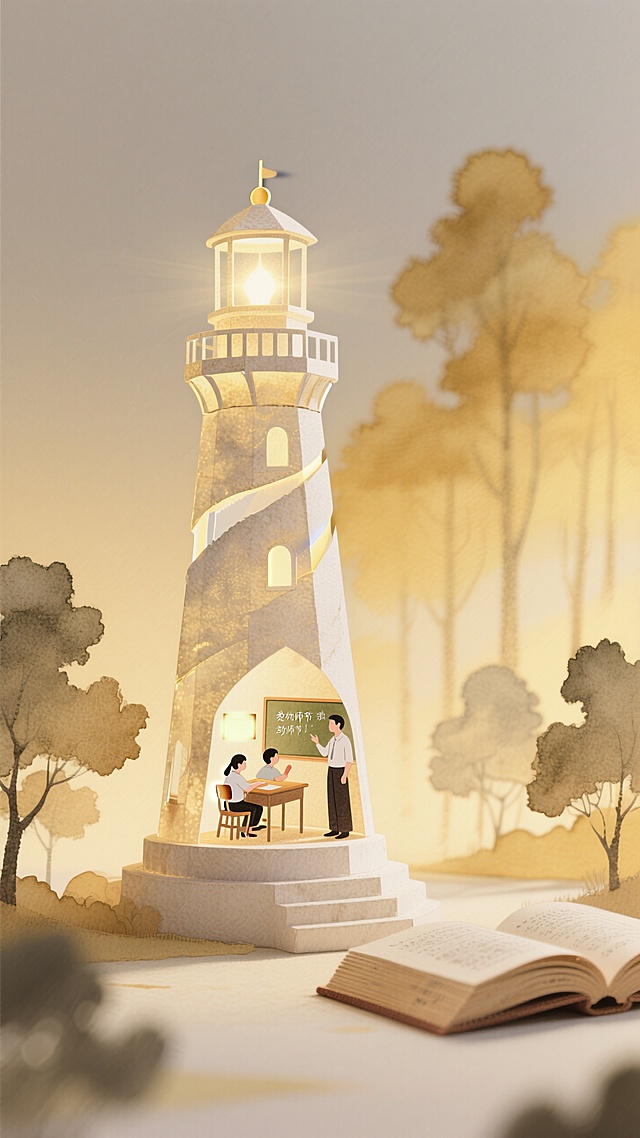 梦幻水彩风插画，微缩艺术展现超现实主义灯塔教室，温馨教师节氛围。