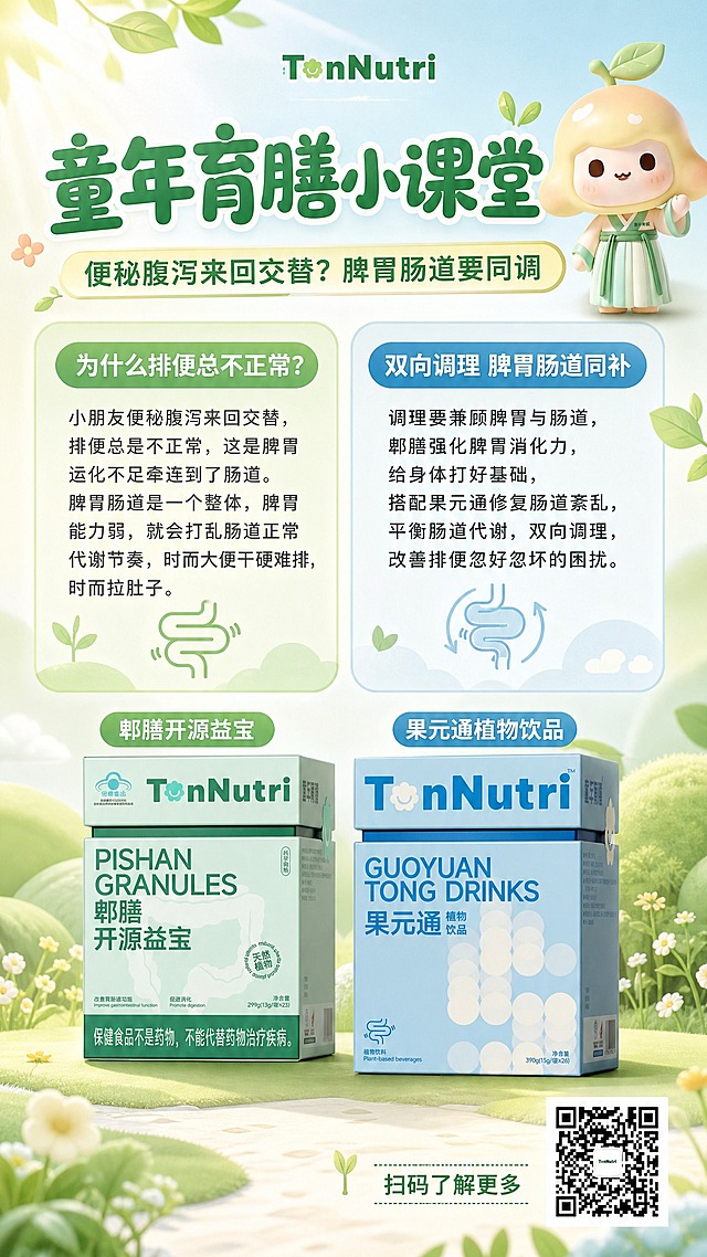 童年育膳小课堂科普海报，竖版9:16，儿童趣味温和治愈风格，清新自然母婴营养滋补调性。画面顶部主标题区：大字体主标题"童年育膳小课堂"，下方副标题"便秘腹泻来回交替？脾胃肠道要同调"，标题旁有可爱的IP卡通形象（图4的小桃子IP形象，保留其外形、颜色、绿叶头饰与古风裙装，Q萌可爱）。画面中部为科普正文区，分左右两栏或卡片式排版，文字清晰可读：左侧科普卡片标题"为什么排便总不正常？"，内容"小朋友便秘腹泻来回交替，排便总是不正常，这是脾胃运化不足牵连到了肠道。脾胃肠道是一个整体，脾胃能力弱，就会打乱肠道正常代谢节奏，时而大便干硬难排，时而拉肚子。"；右侧调理方案卡片标题"双向调理 脾胃肠道同补"，内容"调理要兼顾脾胃与肠道，郫膳强化脾胃消化力，给身体打好基础，搭配果元通修复肠道紊乱，平衡肠道代谢，双向调理，改善排便忽好忽坏的困扰。"。画面中下部展示两款产品组合（图1果元通植物饮品浅蓝色包装盒 + 图2郫膳开源益宝浅绿色包装盒），两款产品100%还原上传商品图的产品外形、包装、LOGO、印刷文字、净含量，以上传图为唯一商品主体来源，完整保留原图中的盒型、轮廓、结构、比例、标签版式、品牌logo、文字信息、材质质感、颜色与正面朝向，包装配色与产品结构均与上传图保持一致；两款产品并排陈列，果元通在右、郫膳在左，产品下方有柔和投影。画面底部右下角放置真实二维码（图3的TonNutri二维码，完整保留二维码图案与中心logo），二维码旁小字"扫码了解更多"。整体配色：浅绿+浅蓝+米白为主色调，温和清新，点缀浅橙黄色，圆润图形化背景元素，柔和光晕，顶部自然光，画面四周留足安全边距，排版精美，层级分明，信息完整，无空白占位区域。画面中必须完整呈现以下文字信息：童年育膳小课堂、便秘腹泻来回交替？脾胃肠道要同调、为什么排便总不正常？、小朋友便秘腹泻来回交替，排便总是不正常，这是脾胃运化不足牵连到了肠道。脾胃肠道是一个整体，脾胃能力弱，就会打乱肠道正常代谢节奏，时而大便干硬难排，时而拉肚子。、双向调理 脾胃肠道同补、调理要兼顾脾胃与肠道，郫膳强化脾胃消化力，给身体打好基础，搭配果元通修复肠道紊乱，平衡肠道代谢，双向调理，改善排便忽好忽坏的困扰。、果元通植物饮品、郫膳开源益宝、TonNutri、扫码了解更多。画面中所有数字必须精确渲染，不得错位、遗漏或编造。
