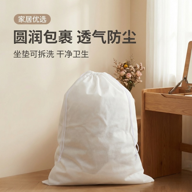 [垫图] 无纺布束口袋坐垫收纳首图；舒适简约家居治愈风格，放置在温馨干净的家居卧室场景中，柔和自然光漫射，营造慵懒治愈氛围；白色无纺布束口袋居中展示，呈现完整圆润包裹式造型，背景为浅米色墙面搭配原木梳预览效果
