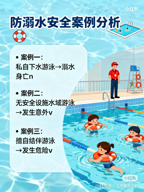 小红书3:4竖版宣传图，防溺水安全案例分析主题，浅蓝色水波背景。顶部标题"防溺水安全案例分析"配救生圈与泳池图标。左侧文字框内容："• 案例一：私自下水游泳→溺水身亡\n• 案例二：无安全设施水域游泳预览效果