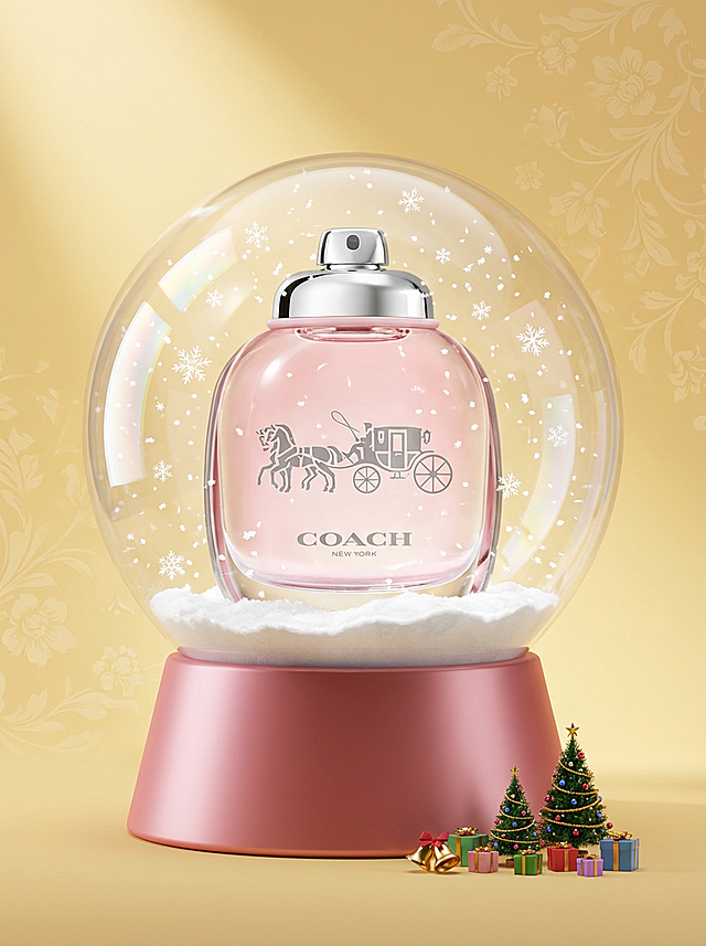 3D微缩艺术风雪景球，玻璃质感包裹粉色香水瓶，雪花粒子飘落，营造梦幻甜蜜的圣诞温馨氛围。