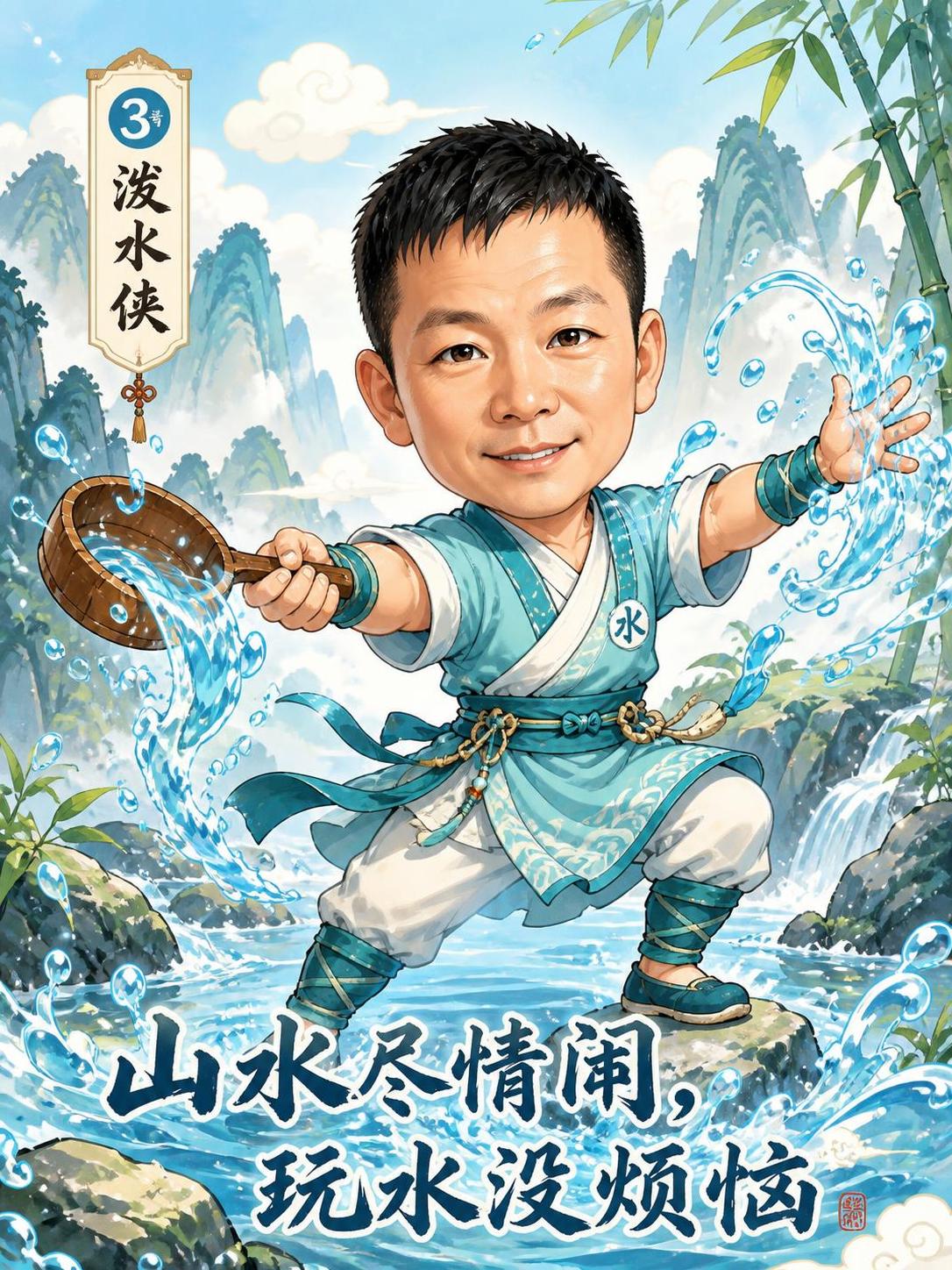 古侠风Q版卡通人物设计，3号【泼水侠】，保留参考图中男子的脸部… - 图片创意预览