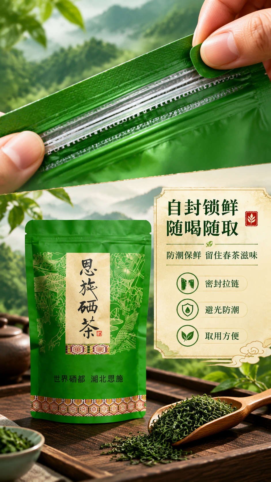 [商品] 使用【图1】恩施硒茶绿色自封袋包装，重点展示袋口密封… - 图片创意预览