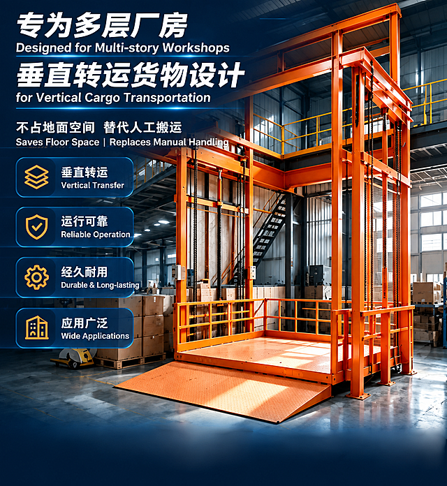 基于这张工业货梯海报图片进行文字翻译修改：将图片中所有中文文字保留中文并在下方添加对应的英文翻译，形成中英双语对照。具体文字翻译如下：
1. 主标题：
中文：专为多层厂房
英文：Designed for Multi-story Workshops
中文：垂直转运货物设计
英文：for Vertical Cargo Transportation
保持原有的白色粗体大字风格、位置和排版，在每行中文下方对应位置添加等风格的英文小字。

2. 副标题：
中文：不占地面空间 替代人工搬运
英文：Saves Floor Space | Replaces Manual Handling
保持原有白色字体、位置和排版，中文在前，英文在后或下方对应。

3. 左侧四个功能按钮（从上到下）：
- 图标+中文：垂直转运
  英文：Vertical Transfer
- 图标+中文：运行可靠
  英文：Reliable Operation
- 图标+中文：经久耐用
  英文：Durable & Long-lasting
- 图标+中文：应用广泛
  英文：Wide Applications
保持原有的深蓝色按钮背景、图标、白色文字风格和位置，在每个中文右侧或下方添加对应的英文翻译。

要求：
- 开启主体保护，橙色货梯设备、厂房背景、货物等主体内容完全保留不变
- 保持原排版布局、字体风格、字号层级、文字颜色、位置关系
- 翻译准确，语义不变
- 背景修复干净，文字与原区域自然融合，无重叠、无错位、无破损
- 所有中文全部保留，同时添加对应的英文，形成中英双语版本