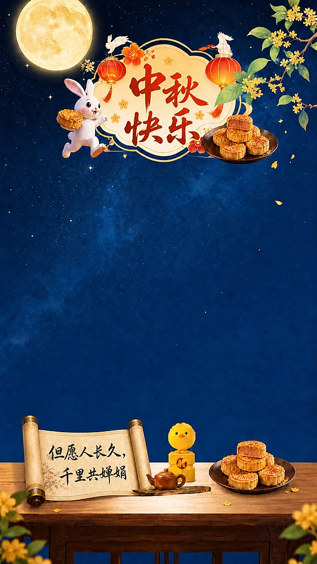 在书卷上添加手写风格的中秋古诗文字，内容为苏轼《水调歌头》中的"但愿人长久，千里共婵娟"，字体为飘逸的行书毛笔字；在顶部云状金色边框图案内添加"中秋快乐"四个大字，字体为喜庆的书法体，周围点缀小桂花装饰；整体体现外国留学生读诗送中秋祝福的温馨氛围，保持画面其他元素和风格不变