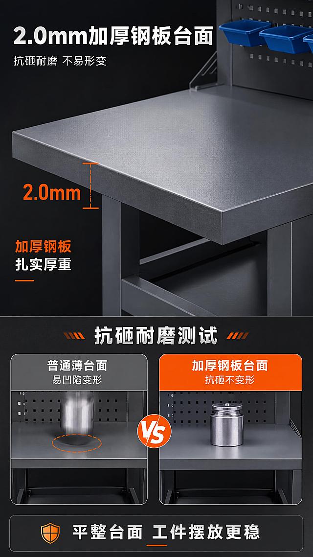 [第4屏] 加厚钢板台面细节-CNC数控工作台2.0mm厚钢板台面展示。本屏使用【图1】作为产品主体，重点展示台面材质与厚度。
[氛围/风格] 工业质感风，微距特写，金属纹理清晰，专业可信。
[元素布局] 上半部分为工作台台面45°俯视特写，展示平整的钢板台面和边缘厚度，配厚度测量示意；下半部分为抗砸耐磨测试场景，如金属工件落下、重物撞击台面无凹陷的对比示意；背景为深灰色工业风，台面反射柔和光线；产品台面颜色、材质、钢架结构与输入图一致。
[光影质感] 斜上方柔光打亮台面，突出钢板的平整质感和厚度边缘，台面有细腻的磨砂纹理反光，阴影硬朗。
[配色色系] 全局底色 #1E2026 深灰；主色钢板灰 #6B7280；辅助色工业橙 #FF6B00 厚度标注、白色标题、浅灰说明。
[视角构图] 上特写下说明的上下构图，俯视+正视结合，阅读动线从上到下。
[文字版式] 顶部主标题「2.0mm加厚钢板台面」，副标题「抗砸耐磨 不易形变」；台面特写旁配橙色厚度标线「2.0mm」和文字「加厚钢板 扎实厚重」；下半部分左右两个对比小图：左侧「普通薄台面 易凹陷变形」右侧「加厚钢板台面 抗砸不变形」；底部信息条「平整台面 工件摆放更稳」。
[比例分辨率] 9:16竖版比例，4K分辨率，文字清晰可辨，高清画质。
[负向提示词] 台面变形，纹理模糊，文字错乱，水印，颜色偏差，结构错误。