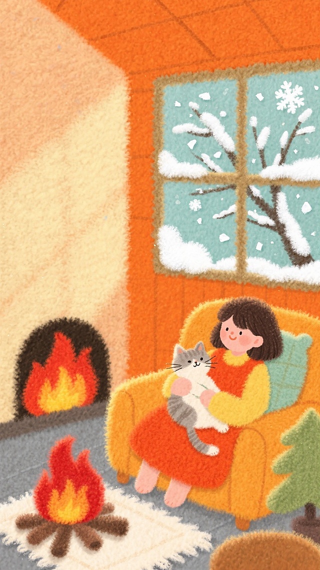 橙色调的温馨小屋场景，一个少女抱着猫咪躺在沙发上，旁边壁炉内火焰燃烧，暖光摇曳，窗外雪花和雾凇的树枝