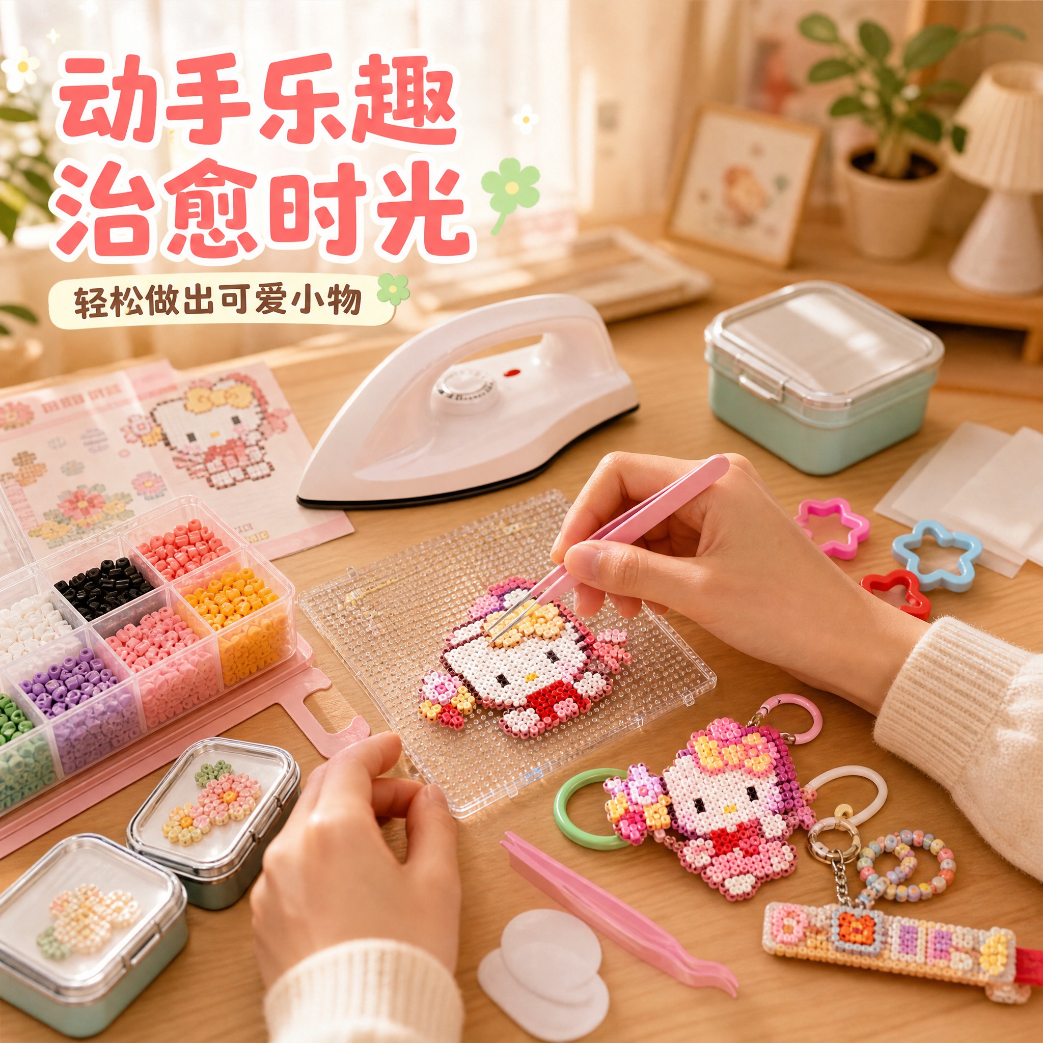 [主图-4] 使用场景与成品展示图，突出拼豆制作过程的治愈感和… - 图片创意预览