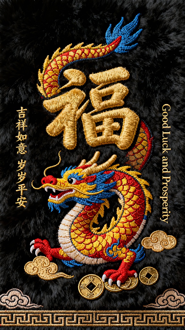 一张具有浓厚毛绒质感的黑色背景海报，主体是一只色彩鲜艳的刺绣祥龙，龙身采用红、黄、蓝渐变丝线绣制，鳞片和龙须细节精致，龙爪踩着金色祥云和铜钱图案。画面中央是金色立体刺绣的“福到”二字，字体浑厚有力，边缘有凸起的绒毛绣线质感。文字排布采用竖版对称设计，左侧绣有“吉祥如意 岁岁平安”的金色书法小字，右侧是英文祝福语“Good Luck and Prosperity”，字体为典雅的衬线体，与中文书法形成呼应。底部绣有传统回纹边框和祥云图案，整体色彩以黑、金为主，点缀红、蓝亮色，营造出喜庆、富贵且充满传统韵味的氛围，所有元素均保持与原图一致的细腻刺绣质感和毛绒背景的柔软触感。