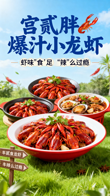 宫贰胖爆汁小龙虾夏日直播海报，顶部蓝天，底部绿色草地搭配指示牌，标题是蓝色毛笔大字"宫贰胖爆汁小龙虾"，中部展示丰盛小龙虾卤味套餐，配艺术标语"虾味'食'足 '辣'么过瘾"，夏日清新风格，竖版美食海报预览效果