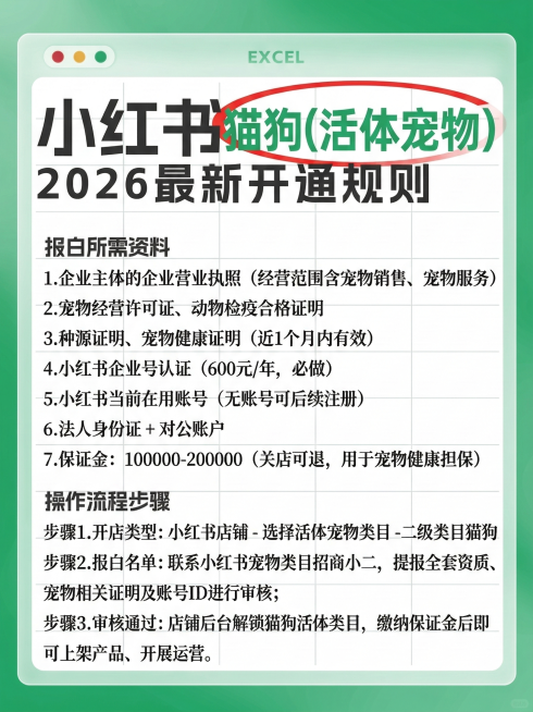 保持原图的绿色渐变背景、Excel窗口样式、字体大小和排版风格，标题替换为“小红书 猫狗（活体宠物） 2026 最新开通规则”，其中“猫狗（活体宠物）”用绿色字体加红色椭圆圈标注。内容为：报白所需资料预览效果