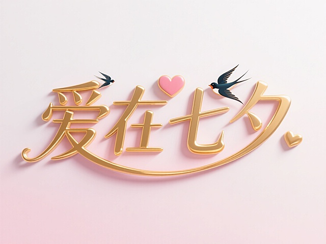 横向金色文字"爱在七夕"。创意字体设计点缀两只喜鹊、爱心元素，线条流畅，高级感，粉白背景，高纯度配色。