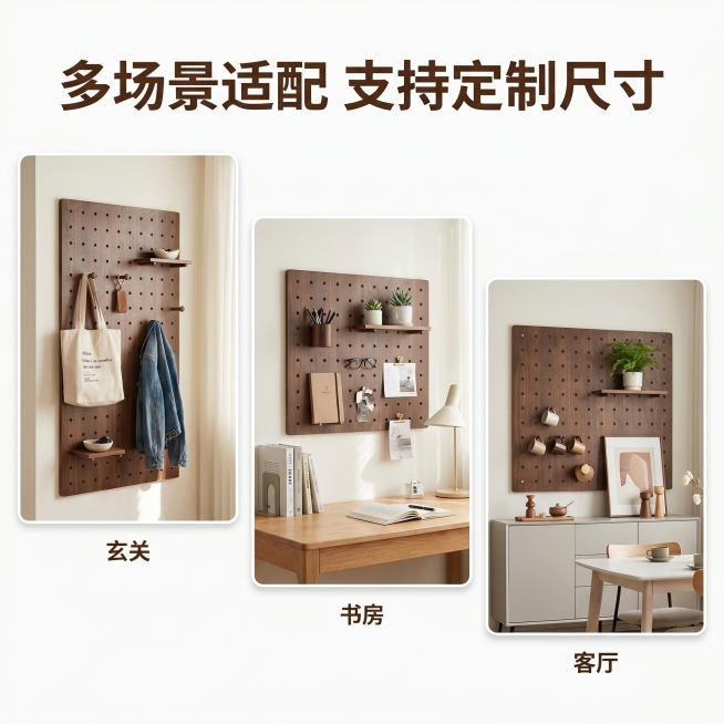 [主图 4] 新西兰实木洞洞板多场景适配展示图
[氛围风格] 简约干净展示风，治愈舒适
[画质] 商业摄影质感、光线柔和通透、产品清晰真实、画面干净高级
[元素] 画中画拼图构图，分三个小画框分别展示预览效果