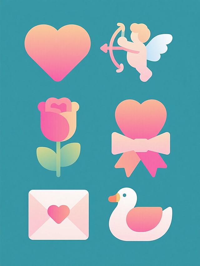 六个不同样式、不同配色的情人节主题元素，包括爱心、丘比特之箭、玫瑰、丝带、情书、鸳鸯等，每个元素采用简约扁平风格，搭配明亮柔和的渐变色彩，纯色背景，元素排列整齐有序，整体设计简洁清新，充满浪漫氛围。