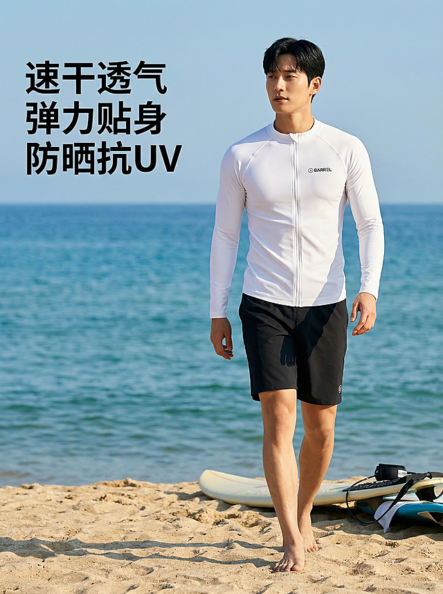 [主图 2] 韩国男模特穿着白色拉链冲浪服和黑色沙滩短裤行走在沙滩上
[氛围风格] 夏日活力户外风格，自然阳光氛围，动态休闲感。
[画面元素] 商业摄影质感，光线柔和通透，产品清晰真实，画面干净高级。同一位韩国男模特自然行走动态，保持服装款式和品牌logo不变，脚下是金色沙滩，旁边有冲浪装备放置在沙滩上，微风轻拂衣服，动态自然，背景是海天一线，整体通透干净。
[配色色系] 主色调：暖金沙滩、浅蓝海天；辅助色：白上衣、黑短裤。
[视角构图] 平视全身构图，人物自然偏右，背景空间舒展。
[文字版式] 左侧负空间竖向排版，文字不遮挡主体。卖点文字：速干透气
弹力贴身 防晒抗UV，黑色简洁无衬线字体，大小对比清晰。
[比例分辨率] 3:4 比例，2k分辨率；文字清晰可辨，超高清。
[负向提示词] 变形，水印，文字错乱，产品图模糊，背景杂乱，换模特，面部变形，遮挡产品。