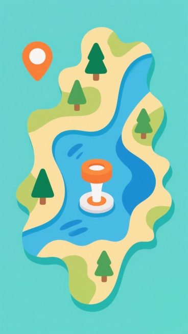 一张可爱风格的地图元素设计，采用明亮清新的蓝绿色调为主，搭配柔和的橙色和黄色作为点缀。地图整体呈现不规则的波浪边缘，内部区域用流畅的曲线分隔，包含多种地形元素：几片绿色的森林区域点缀着简化的锥形树木，蓝色的湖泊和河流形态自然，还有一个橙色的圆形地标建筑带有白色的柱状底座。地图左上角有一个橙色的定位标记图标，所有元素均采用无描边的扁平设计风格，色彩过渡柔和，整体给人一种轻松愉快、童趣盎然的视觉感受。预览效果