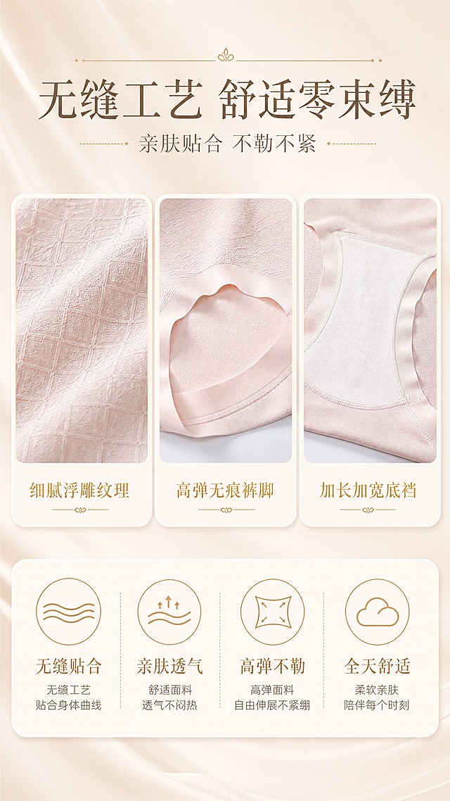 [商品] 使用【图3】细节图中的高弹无痕裤脚、舒适面料、加长加宽底裆局部；商品处理：保留无痕裤脚的光滑边缘、浮雕菱格纹理面料、加长加宽白色底裆、缝线工艺、颜色和材质；增强面料微距质感和缝线精细度，自然去皱，不改变结构。
[画面] 目标：无缝工艺与舒适体验页，突出无痕裤脚、高弹面料、亲肤穿着感。构图：上方大标题，中部为三张横向细节小图（面料微距、裤脚无痕、底裆特写），下方为核心舒适卖点文字区。景别：细节微距+中景组合。前中后景：每张小图有浅米色卡片承托、柔和投影，整体背景为浅米渐变+丝绸质感。
[视觉] 套系策略：风格=高级轻奢女性商业摄影，温柔优雅有品牌感；标题字=纤细优雅衬线体+细金线装饰；正文字=简洁无衬线体；主色=浅米色（奶油米杏）；背景延展=基于浅米色做深浅层级渐变、细腻丝绸/哑光纸张质感、同色系柔和过渡；强调色=香槟金色，仅用于小面积图标、引线、标签底纹、标题细金线和品牌点缀；标题色=深奶茶棕；正文色=暖灰棕；组件=圆角浅米信息卡、细金线引线、金色小图标；光影=柔和顶光，突出面料纹理和质感。
[文字] 顶部主标题"无缝工艺 舒适零束缚"，副标题"亲肤贴合 不勒不紧"。中部三张细节图下方各有金色小标题："细腻浮雕纹理""高弹无痕裤脚""加长加宽底裆"。底部四个金色圆形图标+文字横向排列："无缝贴合""亲肤透气""高弹不勒""全天舒适"。每个图标下方有一行小字说明。
[规格] 图片比例9:16竖版，4K，quality=medium。避免变形、错字、文字过小、冷蓝/冷灰背景、内裤颜色改变、版型失真、低俗擦边、绝对化用语。