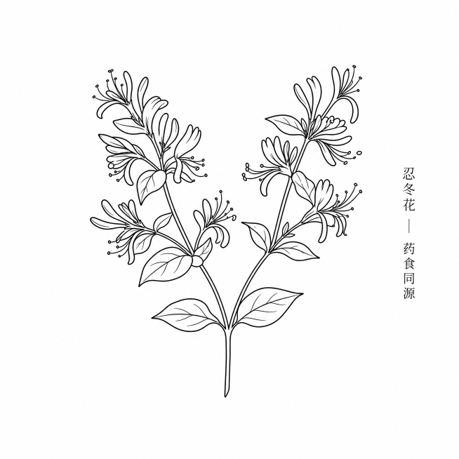 [金银花植株-造型3] 双枝分叉金银花不同造型线稿图。
[氛围风格] 简约干净中草药植物线稿艺术；
[画质] 高清矢量线条感，线条流畅均匀，画面干净通透，细节清晰。
[元素] 参考原图线稿风格，调整枝预览效果