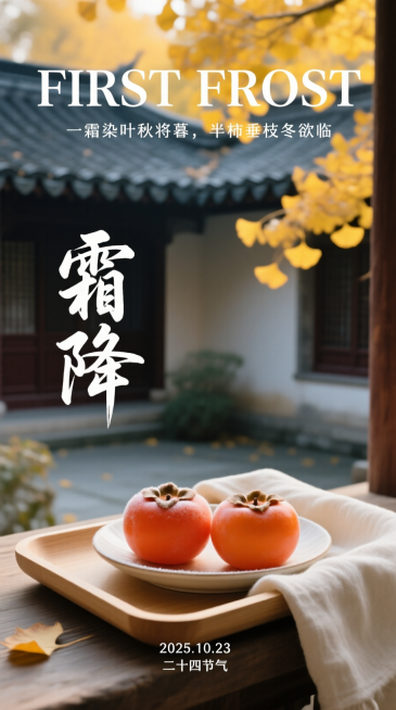画面主体是浅木色托盘，旁边搭着米白色亚麻布，里面放着两个带淡淡秋霜的饱满柿子；画面上方用手英文字体呈现 “FIRST FROST”，紧接着是居中小字“一霜染叶秋将暮，半柿垂枝冬欲临”；中间靠左 “霜降预览效果