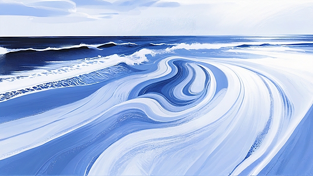 抽象艺术风格，以蓝色系（从深邃的靛蓝到明亮的天蓝、柔和的冰蓝）为主色调，描绘如海洋波浪或流动云彩般的自然风光，画面由流畅、动感的抽象线条构成，线条呈现出自然的起伏和交错，整体营造出宁静而富有韵律的氛围。改变原有的细腻闪光纹理为带有明显笔触感的磨砂质感，同时保留线条的流动性和色彩的渐变和谐，使画面在保持抽象自然美感的同时，呈现出更具颗粒感和手工绘画般的肌理效果，整体视觉效果统一且富有层次。