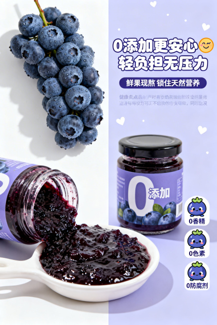「图片1」第1屏：主视觉封面（引流屏）主标题：软萌蓝莓果酱✨ 一口解锁治愈感副标题：高果肉无添加 颜值与口感双在线排版布局：上半部分为主副标题（居中对齐，主标题深蓝莓紫加粗，副标题浅粉色，字体圆润卡通预览效果
