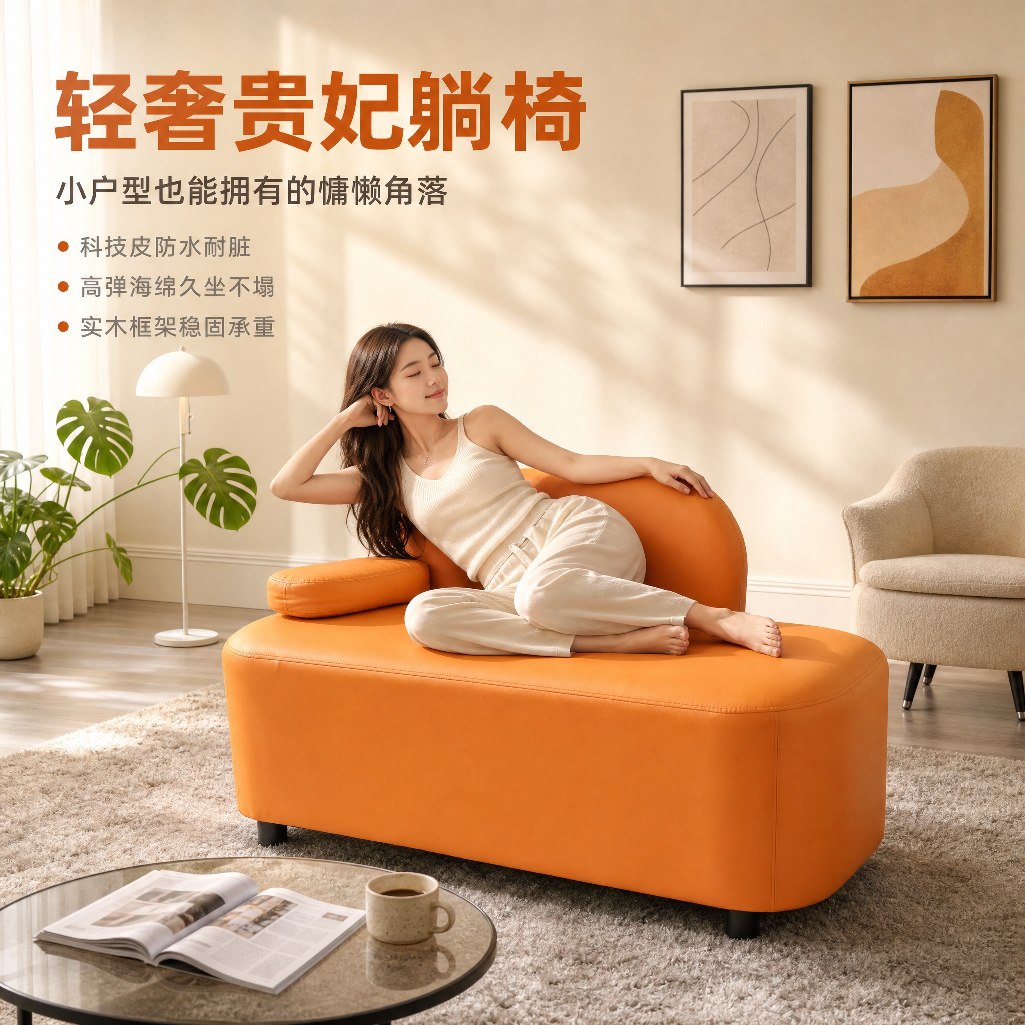 [主图-1] 空间场景与氛围吸睛，展示轻奢橙色贵妃躺椅沙发在真… - 图片创意预览