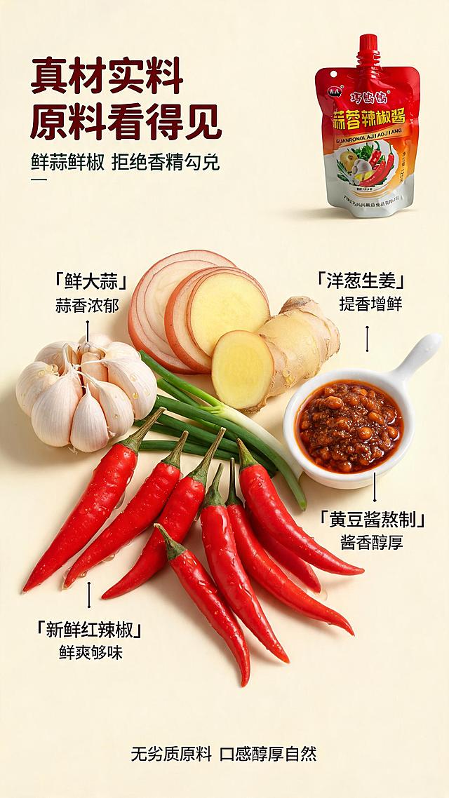 [第3张] 真材实料页-巧妈妈蒜蓉辣椒酱原料展示。本张使用【图1】作为产品辅助展示。
[氛围/风格] 新鲜食材微距质感，真实自然，食欲感强，商业摄影级细节。
[元素布局] 画面主体为新鲜原料平铺微距展示，占画面约60%：饱满的红辣椒堆、剥开的大蒜瓣、切片的黄洋葱、生姜块、黄豆酱勺；每种原料分区摆放，清晰可见；右上角放置产品小图（占比约15%）作为关联；原料新鲜水润，辣椒有光泽，蒜粒饱满。
[光影质感] 顶部柔光均匀照射，食材表面有自然高光和水珠感，底部柔和投影，整体明亮通透。
[配色色系] 全局底色 #FFFAF0（米白偏黄）；主色辣椒红、蒜白、洋葱黄；辅助色深绿葱叶点缀；字色深红+墨绿。
[视角构图] 俯视平铺构图，原料铺满中下部，右上角产品小图，左上标题区，阅读动线左上→中部原料→右上产品。
[文字版式] 左上主标题「真材实料 原料看得见」，副标题「鲜蒜鲜椒 拒绝香精勾兑」；原料旁配引线标签：「鲜大蒜」蒜香浓郁、「新鲜红辣椒」鲜爽够味、「洋葱生姜」提香增鲜、「黄豆酱熬制」酱香醇厚；底部小字说明「无劣质原料 口感醇厚自然」。
[比例分辨率] 9:16 竖版比例，2K分辨率，文字清晰可辨，高清画质。
[负向提示词] 包装变形，颜色偏差，水印，文字错乱，食材不新鲜，背景杂乱。