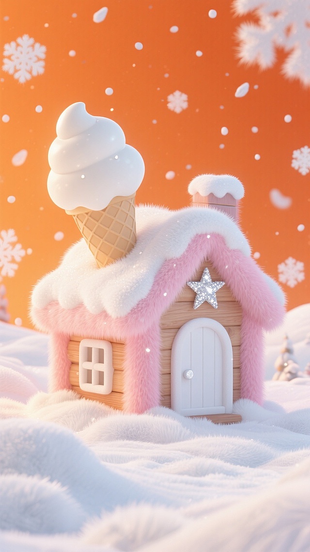 画面中心是粉色的小木屋（白色门和窗），上面有星星的装饰，屋顶覆盖白雪，房顶上有一个巨大的被雪覆盖的冰淇淋，橙色的天空，周边飘着白色雪花，地面有积雪