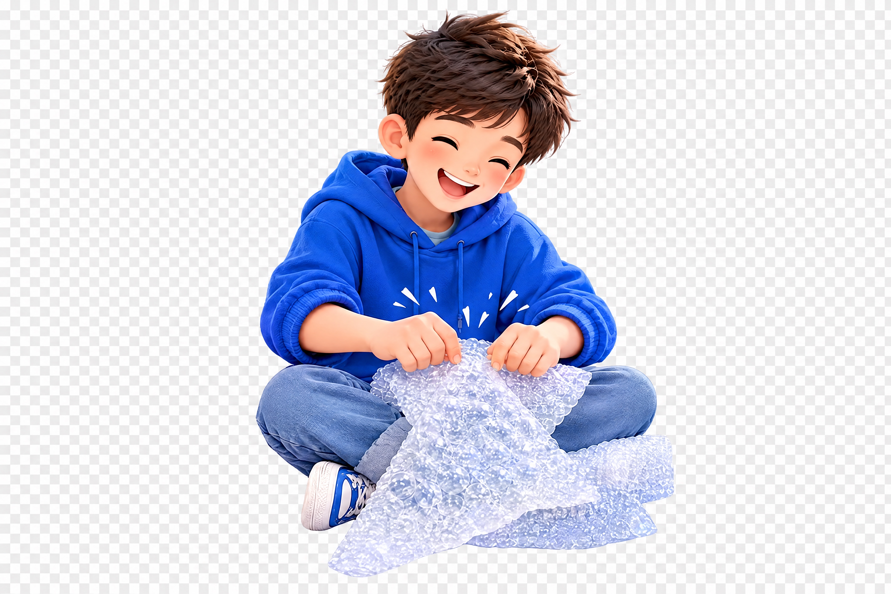 保留原图中间穿蓝色连帽衫的小男孩完整形象，包括他手中的气泡垫，… - 图片创意预览