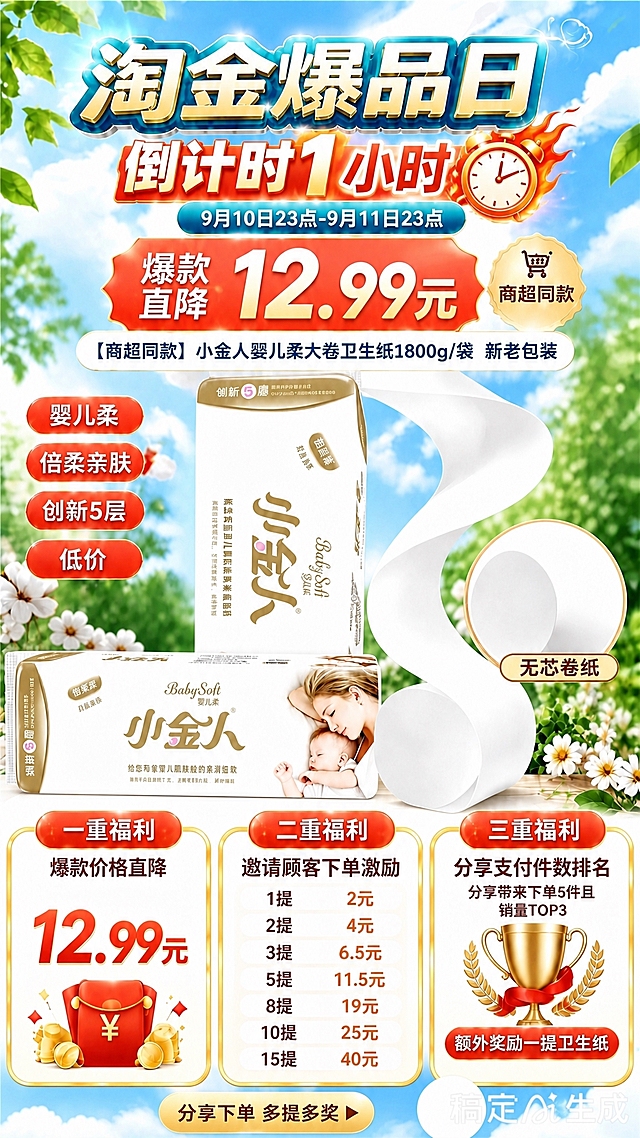 基于参考海报进行精确复刻，仅修改顶部主标题，其余所有内容、版式、配色、商品、装饰、福利卡片、文字内容均保持与原图完全一致，不得改动。

修改要求：将顶部主标题从"淘金爆品日"改为"淘金爆品日倒计时1小时"。其中"倒计时1小时"需要增加急迫感，可使用红色/橙红色醒目字体、加粗、闪烁感或时钟/火焰等紧迫感视觉装饰元素，字号略小于"淘金爆品日"但同样醒目，整体标题仍保持居中顶部位置。

精确复刻约束：
- 画面中除主标题文字内容及"倒计时1小时"的急迫感装饰外，其他任何地方都不要改动
- 保留原图的蓝天白云绿植背景、小金人卫生纸产品（两包产品+飘带造型）、所有卖点标签、价格"12.99元"、活动时间"9月10日23点-9月11日23点"、三重福利卡片及全部详细文字、底部"分享下单 多提多奖"按钮等所有元素
- 所有数字必须精确渲染，不得错位、遗漏或编造
- 产品包装、LOGO、印刷文字与原图完全一致
- 版式分区、构图、配色体系、氛围与参考图保持一致
- 画面中所有信息区域、福利卡片、价格表格必须填充完整合理的内容，不得出现空白框